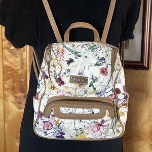 Woman’s MultiSac Backpack Tote Purse Faux Leather White Tan Multicolor Floral